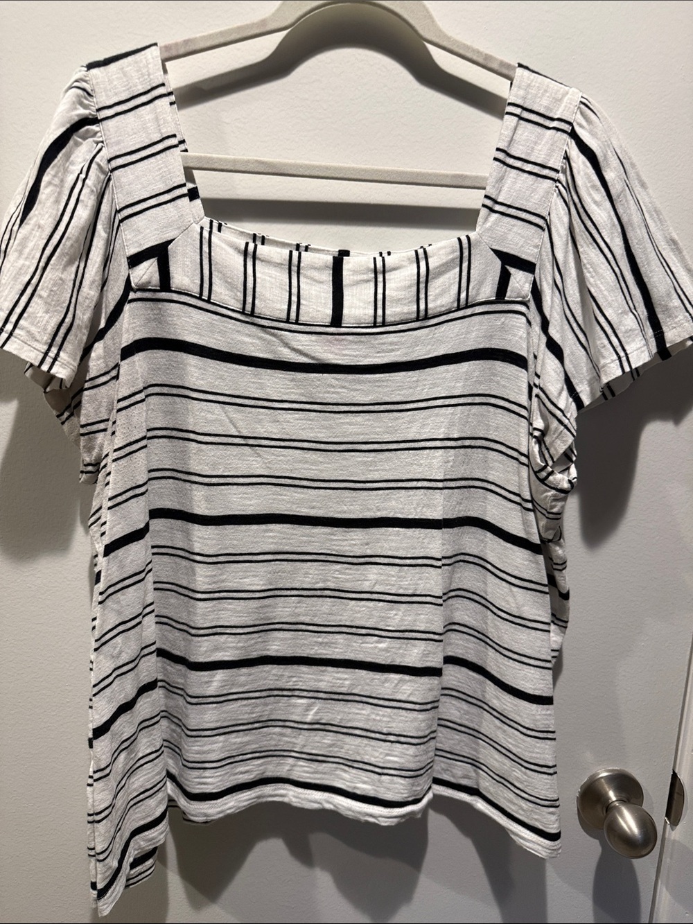 Vince Camuto White and Black Striped Square-Neck Top